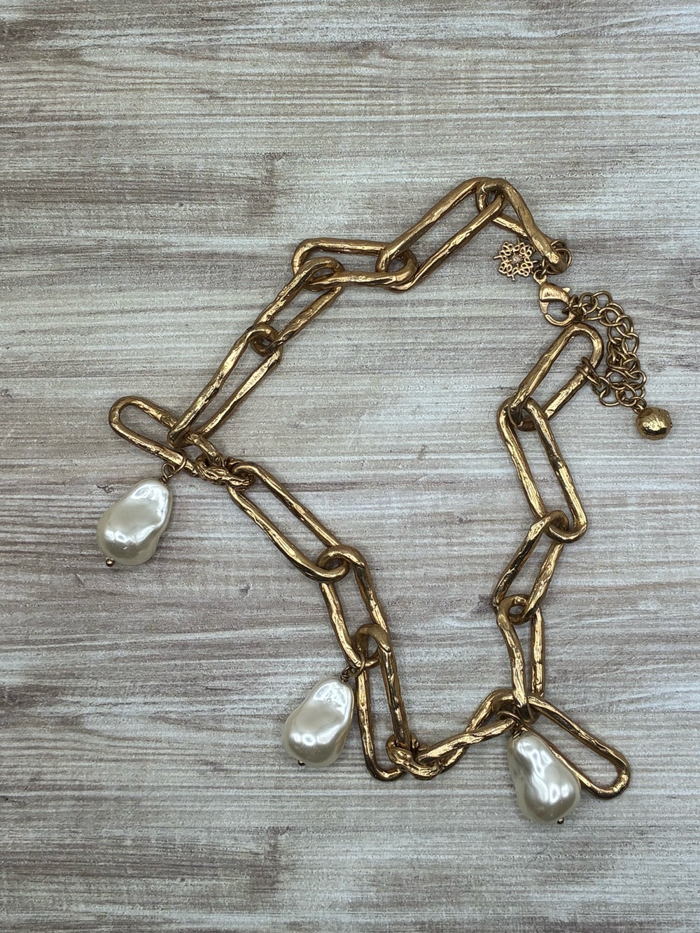 White House Black Market Gold Link Chain Necklace with Pearl Drops